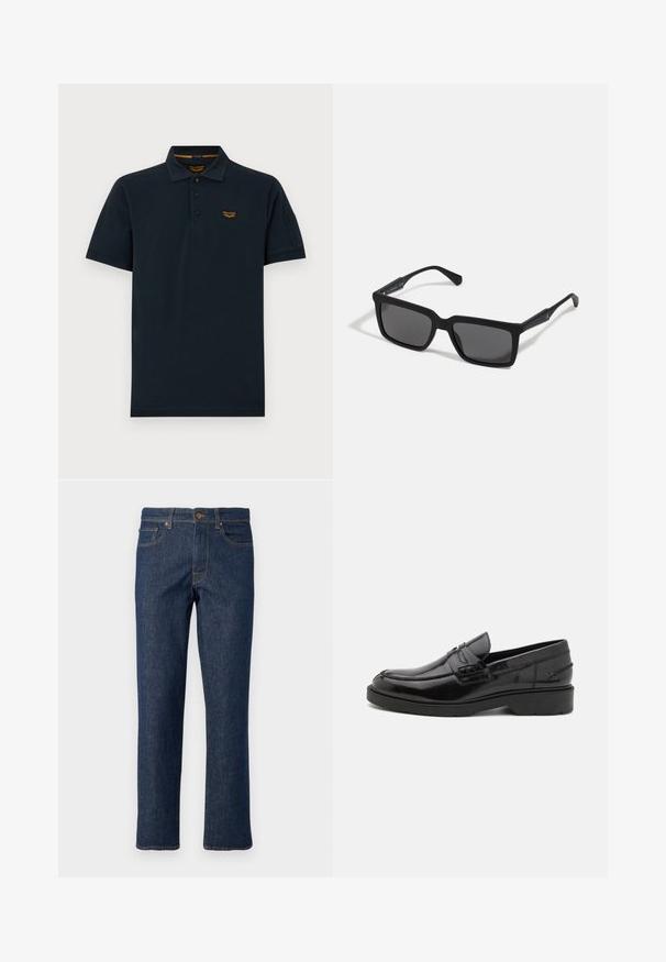 Polo de manga corta en azul marino oscuro con tres botones, cuello y pequeño logo naranja de PME Legend en el pecho izquierdo.; Jeans de mezclilla azul oscuro con corte recto, que cuentan con un cierre de botón, cinco bolsillos y detalles de costura en contraste.; Mocasines de cuero negro con un acabado suave, punta redondeada, tacón bajo y costura decorativa en la parte delantera. Suela de goma para mayor agarre.; Gafas de sol negras con lentes rectangulares, acabado mate, montura gruesa y brazos delgados con un discreto detalle de marca.
