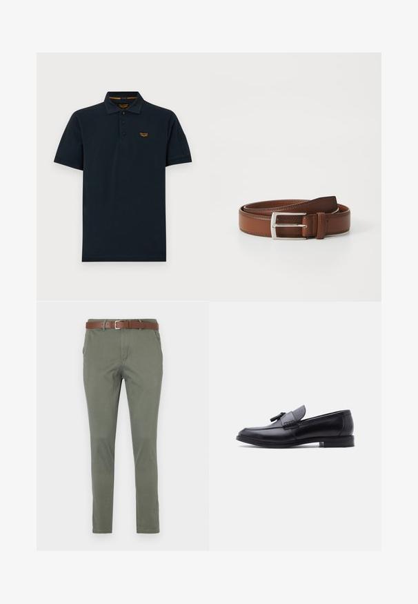Mørk navy kortærmet poloshirt med tre knapper, krave og lille orange PME Legend logo på venstre bryst.; Olivengrønne chinos med lige snit, prydet med et brunt læderbælte, sidelommer og et subtilt struktureret stof.; Sort læderloafer med tekstureret gråt stofpanel og kvastdetalje, lav hæl og rundet tå, vist fra siden mod en hvid baggrund.; Brun læderbælte med en glat overflade, præget af en sølvfarvet metalspænde og diskret syning langs kanterne. Klassisk og holdbart design.