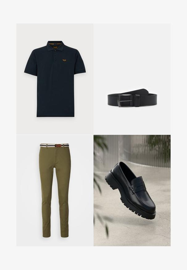 Polo de manga corta en azul marino oscuro con tres botones, cuello y pequeño logo naranja de PME Legend en el pecho izquierdo.; Pantalones ajustados de color verde oliva con un acabado suave, que presentan una cintura a rayas en azul marino y blanco, y un acento de trabilla de cinturón de cuero marrón.; Mocasines de cuero negro con suela gruesa, que presentan una correa decorativa y detalles de costura. Textura suave con un acabado pulido.; Cinturón de cuero negro con una textura suave, que presenta una hebilla de metal en tono plateado y un diseño clásico. Longitud ajustable, estilo minimalista.
