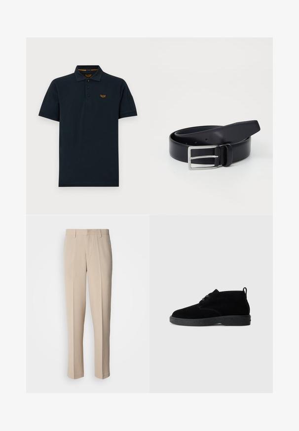 Mørk navy kortærmet poloshirt med tre knapper, krave og lille orange PME Legend logo på venstre bryst.; Beige skræddersyede bukser med lige pasform, lavet af glat stof. Har en flad front og standard linning med bæltestropper.; Sorte ruskindsankelstøvler med rund tå, snørebåndsdesign, sort gummisål og en sløjfe bag på for nem påtagning.; Mørkeblå læderbælte med en sølvfarvet metalspænde, der har en glat overflade og flere huller til justering. Enderne har en afrundet spids.