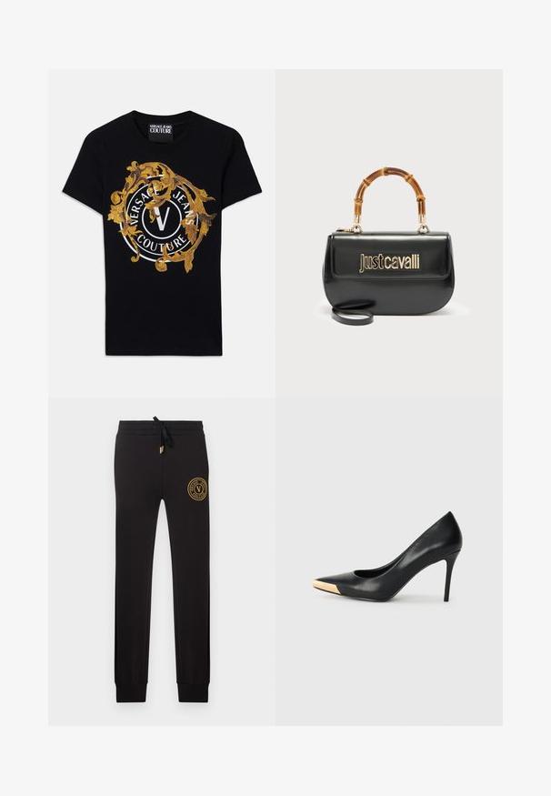 Camiseta de manga corta negra de Versace Jeans Couture con diseño barroco dorado y logo circular blanco centrado en la parte frontal.; Pantalones jogger negros de corte ajustado con cintura ajustable con cordón y parche con el logo dorado de Versace Jeans Couture en la parte superior del muslo izquierdo.; Zapato de tacón alto de cuero negro con puntera afilada; presenta un detalle metálico dorado en la tapa del tacón. Superficie lisa con un diseño elegante.; Bolso de cuero negro con el logo dorado "Just Cavalli" en el frente y asa curvada de bambú, con una correa larga desmontable.