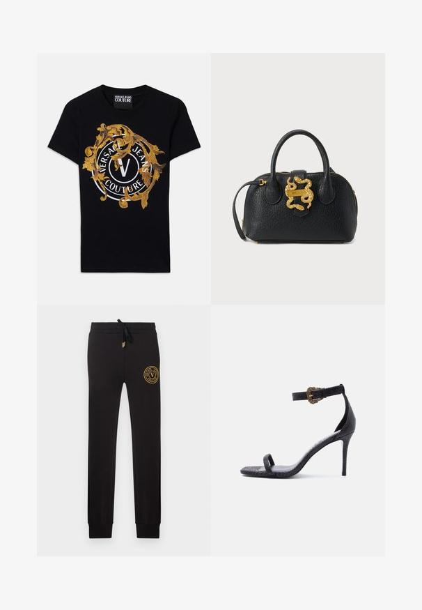 Čierne tričko s krátkym rukávom od Versace Jeans Couture so zlatým barokovým dizajnom a bielym kruhovým logom umiestneným v strede na prednej strane.; Čierne priliehavé tepláky s pásom na šnúrku a zlatou nášivkou s logom Versace Jeans Couture na hornej ľavej stehne.; Čierna vysoká sandála na opätku s tenkým remienkom okolo členku s ozdobnou zlatou prackou a jedným remienkom cez prsty, s textúrovaným koženým povrchom.; Čierna kožená kabelka s textúrou, dvoma rúčkami, zlatým zipsom a zlatým zapínaním v tvare hada na prednej strane.