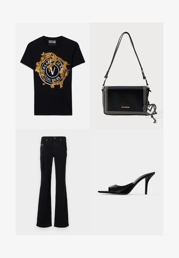 Must silmade varrukatega Versace Jeans Couture T-särk, millel on kuldne barokkdisain ja valge ringikujuline logo keskosas.; Mustad mustad teksapüksid, millel on tekstuuriga kangas ja õrn muster, hõbedase värvusega detailid ning esimesed taskud. Tõmblukk külgedel.; Mustast nahast avatud varbaga kõrge kontsaga kõrge kontsaga kootud king, külgvaates tavalise taustaga.; Mustast nahast käekott, millel on ristkülikukujuline vorm, valged õmblused ja kuldne logo. Omab eemaldatavat ripatsit, mis on kujult "M".