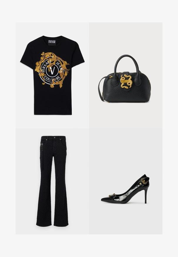Sort kortærmet Versace Jeans Couture t-shirt med guld barokdesign og en hvid cirkulær logo centreret på fronten.; Sorte flared jeans med et tekstureret stof og et subtilt mønster, sølvhardware og frontlommer. Lynlåsdetaillering på siden.; Sorte laklæder højhælede sko med spidse tæer, en sløjfedetalje foran og en dekorativ accent i guldtonet metal bagpå.; Sort læderhåndtaske med tekstur, to håndtag, gyldent lynlås og gyldent slangeformet lukke på forsiden.
