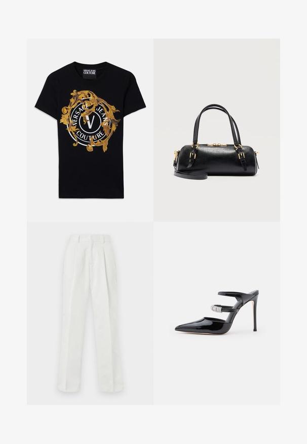 Must silmade varrukatega Versace Jeans Couture T-särk, millel on kuldne barokkdisain ja valge ringikujuline logo keskosas.; Valged kõrge vöökohtadega püksid, mis on valmistatud siledast kangast, sirge jala disainiga, plekitud esiosaga ja küljetaskutega.; Must pärast nahast kõrged kontsad, terava ninaga, kaks rihma üle jala, millest üks on kaunistatud teemanditeemantidega, valgel taustal.; Mustast nahast ristkülikukujuline käekott kuldsete pandlatega, kahekordsete käepidemetega, eemaldatava õlarihma ja tõmblukuga valgel taustal.
