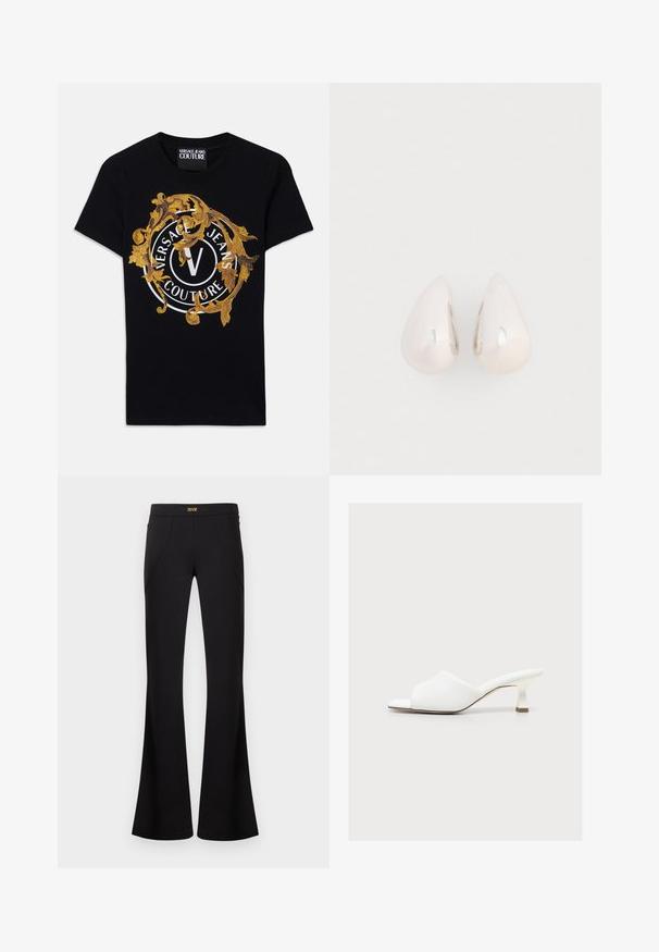 Čierne tričko s krátkym rukávom od Versace Jeans Couture so zlatým barokovým dizajnom a bielym kruhovým logom umiestneným v strede na prednej strane.; Čierne zvonové nohavice s prednými švami a zlatou logovou etikietou na páse, zobrazené na jednoduchom svetlom pozadí.; Biela otvorená mule obuv s nízkym zakriveným podpätkom a polstrovaným širokým remienkom cez nohu na jednofarebnom pozadí.; Strieborné kovové náušnice vo forme kvapky s hladkým, reflexným povrchom a tvarom slzy, s bezšvovým dizajnom a bez viditeľných ozdôb.