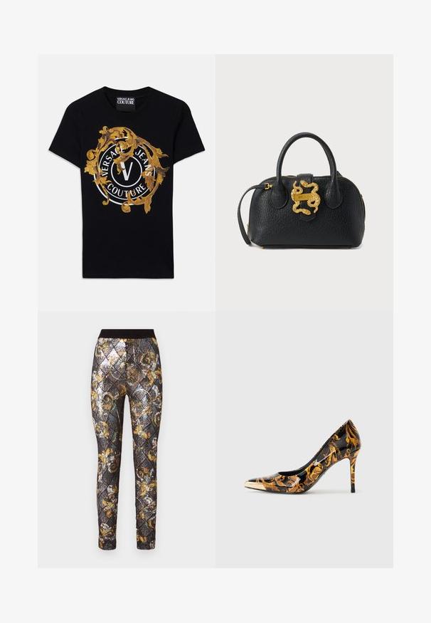 Must silmade varrukatega Versace Jeans Couture T-särk, millel on kuldne barokkdisain ja valge ringikujuline logo keskosas.; Mustard- ja kuldse mustriga legginsid, kus on teemantikujundus, sädelevad paelad, elastne vöökoht ja keerukad lillede aktsendid.; Tipp-küünisega kontsaking, millel on läikiv must pind, kaunistatud kuldsete lillemustriga ja metallik kuldse varbaga.; Mustast tekstuuriga nahast käekott kahe sangaga, kuldse luku ja kuldse madu-kujulise kinnitusdetailiga esiühel.