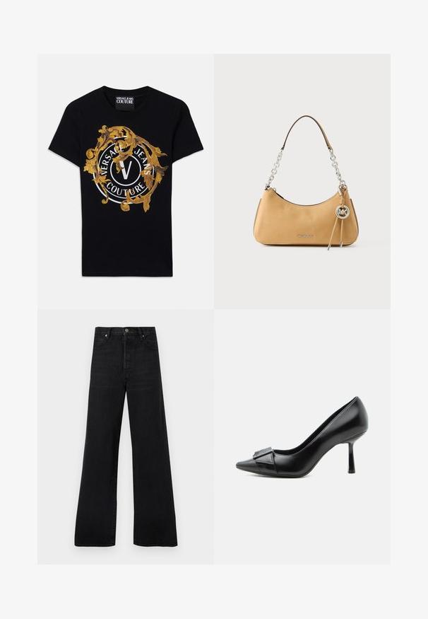 Čierne tričko s krátkym rukávom od Versace Jeans Couture so zlatým barokovým dizajnom a bielym kruhovým logom umiestneným v strede na prednej strane.; Čierne rifle s širokými nohavicami z denimu, s vysokým pásom, dizajnom s piatimi vreckami a zapínaním na gombík, s jemne vyblednutou textúrou.; Čierna kožená topánka na vysokom podpätku s ostrou špičkou a dekoratívnou prackou vpredu, zobrazená zboku na bielom pozadí.; Kožená kabelka Michael Kors v rezavohnedej farbe so strieborným reťazovým držadlom, príveskom s logom a nápisom "MICHAEL KORS" na prednej strane.