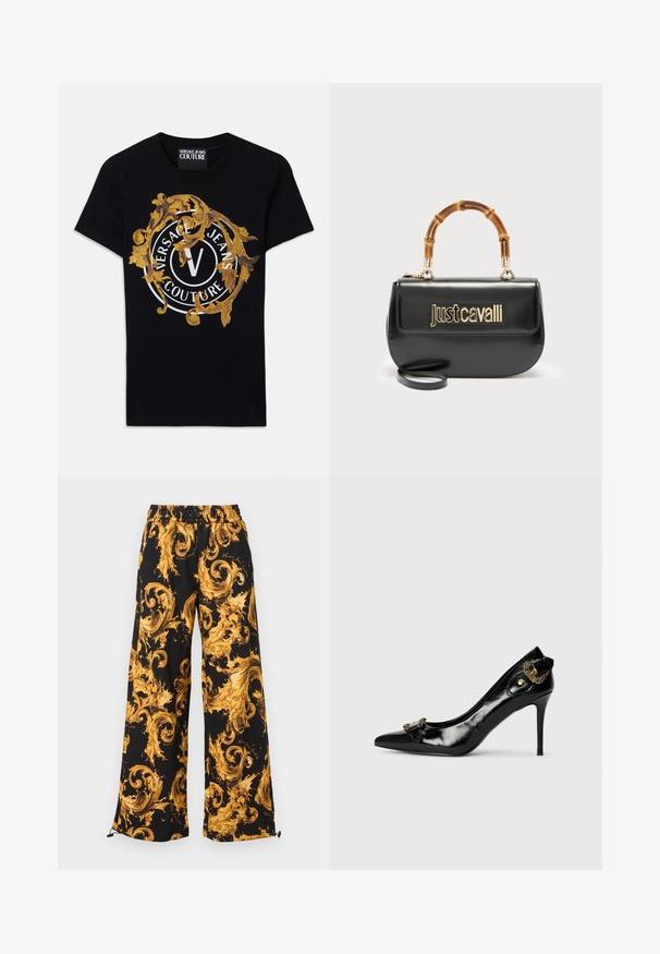 Sort kortærmet Versace Jeans Couture t-shirt med guld barokdesign og en hvid cirkulær logo centreret på fronten.; Sorte bukser med vide ben og elastisk talje, prydet med et dristigt barokmønster i gylden-gul farve og justerbare snore ved buksekanterne.; Sorte laklæder højhælede sko med spidse tæer, en sløjfedetalje foran og en dekorativ accent i guldtonet metal bagpå.; Sort læderhåndtaske med guld "Just Cavalli"-logo foran og buet bambushåndtag, med aftagelig lang rem.