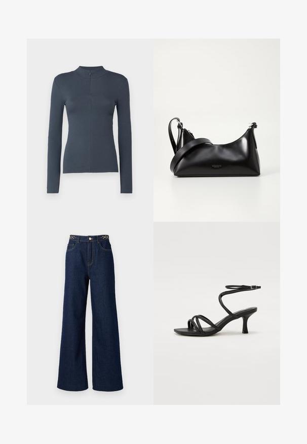 Dunkelgrau geripptes Langarmoberteil mit Stehkragen und kurzem Frontreißverschluss, taillierte Silhouette, präsentiert auf weißem Hintergrund.; Weite dunkelblaue Denim-Jeans mit hoher Taille, goldenen Kettenakzenten am Bund und kontrastierenden Nähten.; Even&Odd Wide Fit Riemensandalette - black; Schwarze lederne Handtasche mit glatter Textur. Verfügt über einen verstellbaren Riemen und ein elegantes, minimalistisches Design mit einem Reißverschluss.