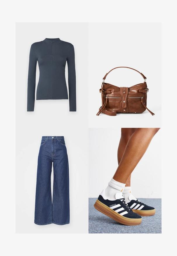 Donkergrijs geribbeld langemouwen top met een hoge kraag en korte rits aan de voorkant, aansluitende pasvorm, weergegeven op een witte achtergrond.; Wijd-uitlopende jeans van donkerblauwe denim. Hoge taille met een ritssluiting en knoopsluiting. Bevat klassieke vijf-pocket styling en gezoomde randen.; Ben met witte sokken en zwarte Adidas Gazelle sneakers met witte strepen en dikke bruine zolen op een grijs tapijt.; Bruine leren handtas met een afgeronde vorm, twee voorzakken met ritssluiting en een afneembare schouderband. Heeft zilverkleurige hardware en stiksels.
