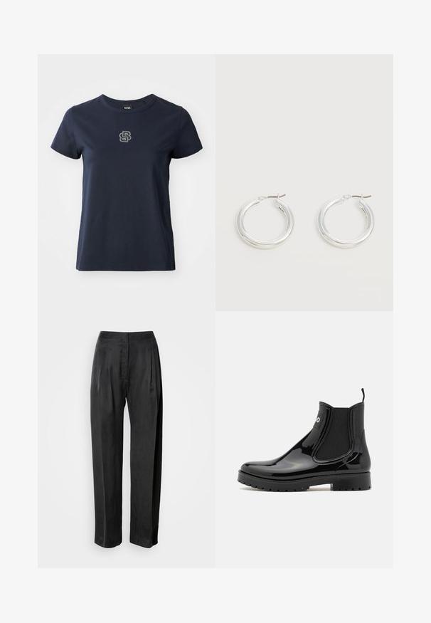 T-shirt en coton bleu marine à manches courtes, col rond, avec un petit logo en strass sur la partie gauche de la poitrine.; Pantalon noir à jambes larges en tissu lisse, avec plis sur le devant, braguette zippée et ceinture classique.; HUGO TABITA - Bottes en caoutchouc - black; Paire de boucles d'oreilles créoles moyennes argentées brillantes avec de fines attaches métalliques sur un fond clair et neutre.