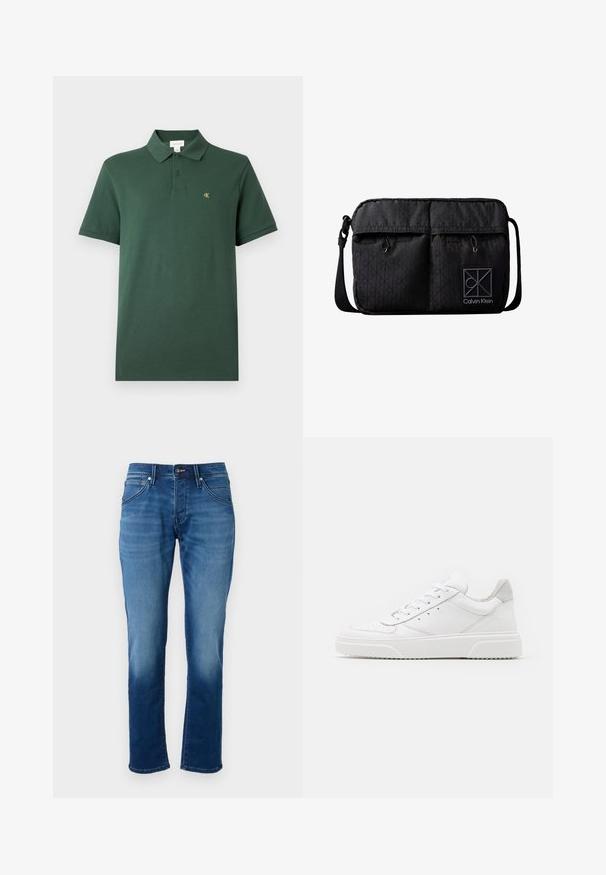 Donkergroen polo shirt met korte mouwen, twee knopen en een klein geel "cK"-logo op de linkerborst, op een effen achtergrond.; Blauwe denimspijkerbroek met een rechte snit, zachte textuur, vijf zakken en een knoopsluiting. De stof heeft een vervaagde wasseneffect.; Witte leren sneakers met een gladde afwerking, ronde neus, platte veters en een gestructureerde zool. Grijze suède accent bij de hiel.; Zwarte Calvin Klein crossbodytas met verstelbare riem, twee voorzakken met rits, subtiel logopatroon en Calvin Klein logopatch.