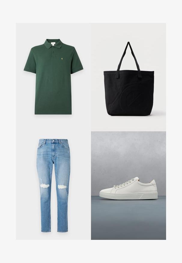 Donkergroen polo shirt met korte mouwen, twee knopen en een klein geel "cK"-logo op de linkerborst, op een effen achtergrond.; Lichtblauwe denim jeans met een rechte pijp, versleten knielopen en een vijf-pocket ontwerp met een sluiting aan de voorkant met een knoop.; Witte leren sneaker met een ronde neus, minimalistisch ontwerp, grijze veters en een gestructureerde grijze rubberen zool. Fijne stikdetails zichtbaar.; Zwarte canvas tas met twee schouderbanden en een subtiel, ingebosseleerd cirkelvormig ontwerp aan de voorkant.