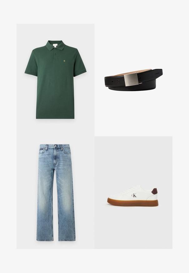 Donkergroen polo shirt met korte mouwen, twee knopen en een klein geel "cK"-logo op de linkerborst, op een effen achtergrond.; Lichtblauwe denim jeans met rechte pijpen, een hoge taille, vijf zakken, knoopsluiting en subtiele vervaging op de dijen en knieën.; Witte sneakers met een rubberen gum zool, platte veters en een bruine suède hakaccent. Voorzien van een subtiele geperforeerde "cK" logo aan de zijkant.; Zwarte leren riem met een vierkante zilveren gesp gegraveerd met een klein Calvin Klein-logo op een witte achtergrond.