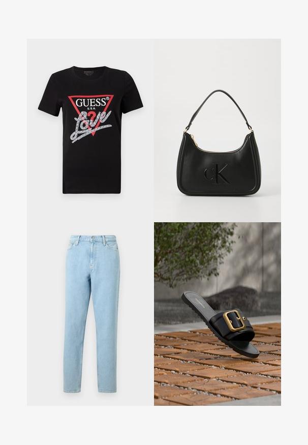 Sort bomulds T-shirt med et rødt trekantet logo og "GUESS U.S.A." samt et krystinsat "Love" tekstdesign i hvid. Korte ærmer.; Lyseblå denimjeans med lige ben, femlommers design og knaplukning. Har subtilt slid og en glat tekstur.; Sort sandal med bred rem og stor guldbøjle, der hviler på gulv af træfliser med en grøn plante og grå væg i baggrunden.; Sort læder håndtaske med en buet form, der har en guldfarvet lynlås og et subtilt præget "cK" logo. Glat tekstur og et enkelt håndtag.