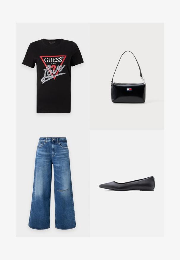 T-shirt en coton noir avec un logo en triangle rouge portant "GUESS U.S.A." et un design de texte "Love" incrusté de cristaux en blanc. Manches courtes.; Jean en denim bleu à jambes larges avec un effet délavé, doté d'une poche avant et d'un détail déchiré au genou, fini avec une taille classique.; Chaussure plate en cuir noire à bout pointu avec petit talon, vue de profil sur fond blanc.; Sac à bandoulière rectangulaire noir avec une courte sangle et le logo Tommy Jeans en rouge, blanc et bleu au centre avant.