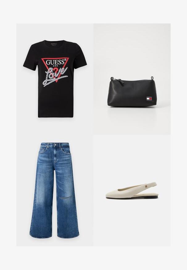 Zwarte katoenen T-shirt met een rood driehoeklogo met "GUESS U.S.A." en een met kristallen versierd "Love" tekstontwerp in het wit. Korte mouwen.; Wijdvallende blauwe spijkerbroek met een vervaagde was, heeft een voorzak en een versleten detail op de knie, afgewerkt met een klassieke tailleband.; Crèmekleurige leren slingback platte schoen met ronde neus en klein gouden embleem op het bandje.; Zwarte cosmetica tas met een gladde textuur, ronde vorm, ritssluiting en een klein logo label met rode, witte en blauwe accenten.