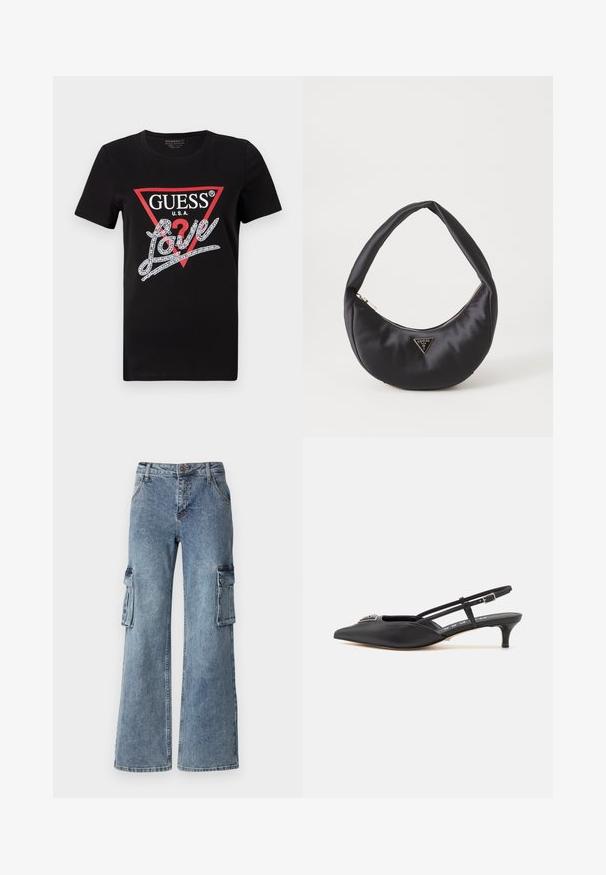 Zwarte katoenen T-shirt met een rood driehoeklogo met "GUESS U.S.A." en een met kristallen versierd "Love" tekstontwerp in het wit. Korte mouwen.; Brede blauwe denim cargo broeken met zijzakken, een knoopsluiting en riemlussen. De stof heeft een lichte wassing met subtiele vervaging.; Zwarte slingback schoenen met een puntige neus, gemaakt van glad materiaal, met een kleine hak en een decoratieve zilverkleurige accent op de wreef.; Zwarte satin handtas met een gebogen vorm, voorzien van een ritssluiting en een driehoekig metalen logo aan de voorkant. Gladde textuur en een slank ontwerp.