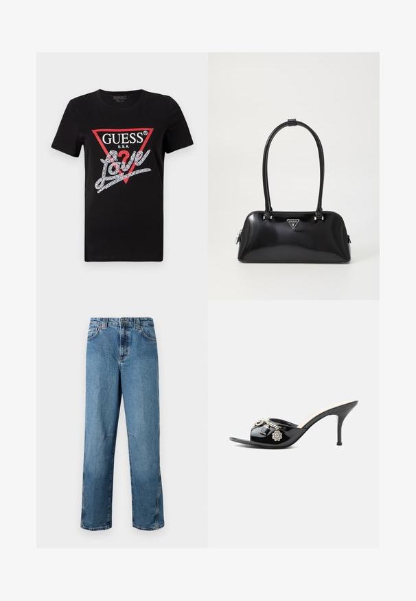 Zwarte katoenen T-shirt met een rood driehoeklogo met "GUESS U.S.A." en een met kristallen versierd "Love" tekstontwerp in het wit. Korte mouwen.; Lichtblauwe denim jeans met een rechte snit, voorzien van gestikte zakken, een knoopsluiting aan de voorkant en een minimale vervaging van de stof.; Zwarte lakleren mule met hoge hak, open teen en decoratieve zilveren bedels, waaronder een bloem en hangslot op de voorste band.; Zwarte glanzende handtas met een gebogen silhouet, twee handvatten en een logo plaatje aan de voorkant. Ritssluiting en glanzende hardware accenten.