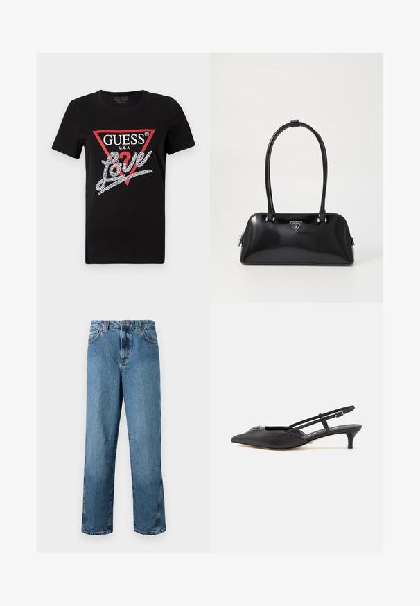 Zwarte katoenen T-shirt met een rood driehoeklogo met "GUESS U.S.A." en een met kristallen versierd "Love" tekstontwerp in het wit. Korte mouwen.; Lichtblauwe denim jeans met een rechte snit, voorzien van gestikte zakken, een knoopsluiting aan de voorkant en een minimale vervaging van de stof.; Zwarte slingback schoenen met een puntige neus, gemaakt van glad materiaal, met een kleine hak en een decoratieve zilverkleurige accent op de wreef.; Zwarte glanzende handtas met een gebogen silhouet, twee handvatten en een logo plaatje aan de voorkant. Ritssluiting en glanzende hardware accenten.