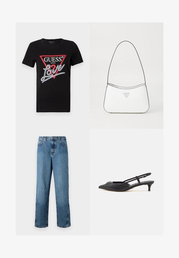 Zwarte katoenen T-shirt met een rood driehoeklogo met "GUESS U.S.A." en een met kristallen versierd "Love" tekstontwerp in het wit. Korte mouwen.; Lichtblauwe denim jeans met een rechte snit, voorzien van gestikte zakken, een knoopsluiting aan de voorkant en een minimale vervaging van de stof.; Zwarte slingback schoenen met een puntige neus, gemaakt van glad materiaal, met een kleine hak en een decoratieve zilverkleurige accent op de wreef.; Witte handtas met een slank, gebogen ontwerp, voorzien van een dunne zwarte schouderband en een zilveren driehoekig logo-accent. Gladde textuur en minimale detailing.