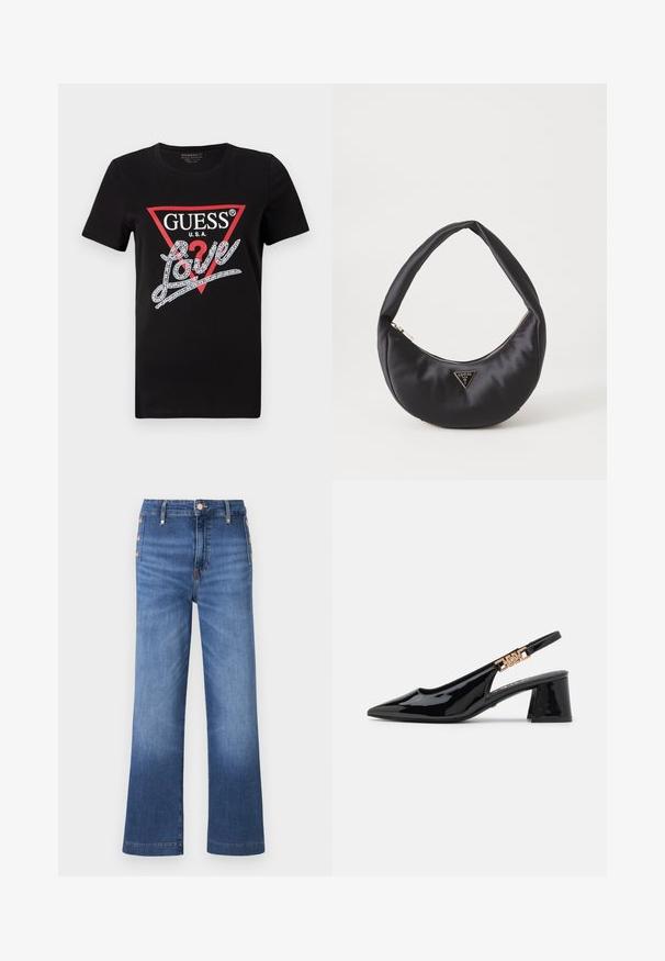 Sort bomulds T-shirt med et rødt trekantet logo og "GUESS U.S.A." samt et krystinsat "Love" tekstdesign i hvid. Korte ærmer.; Blå viddebenet denimjeans med knapdetaljer i siden og høj talje.; Sorte patentlæder slingback pumps med spidse tæer og guldfarvet hardware på remmen, med en blokhælhøjder. Glat tekstur.; Sort satin håndtaske med en buet form, der har en lynlåslukning og et trekantet logo i metal på forsiden. Glat tekstur og slankt design.