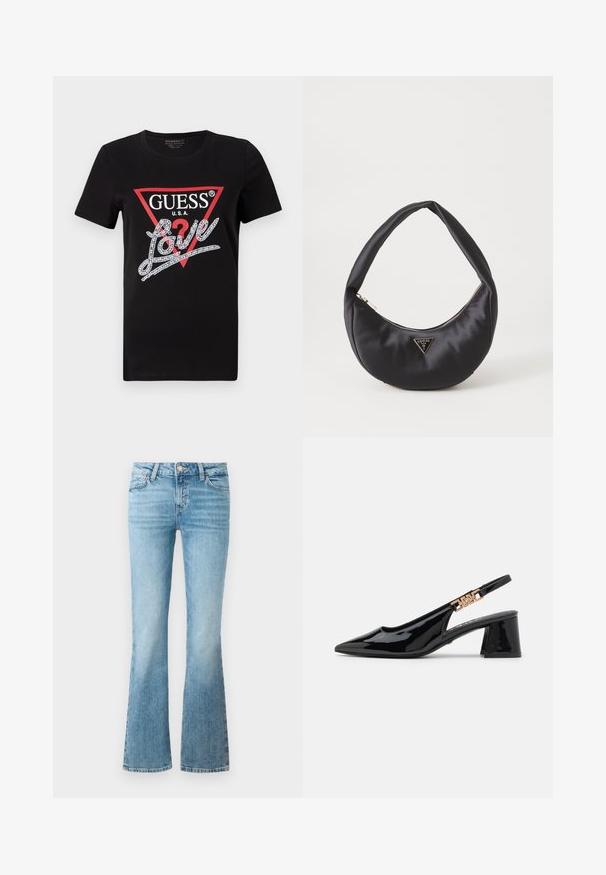 Zwarte katoenen T-shirt met een rood driehoeklogo met "GUESS U.S.A." en een met kristallen versierd "Love" tekstontwerp in het wit. Korte mouwen.; Lichtblauwe denim flare jeans met voorzakken, riemlussen en een knoopsluiting.; Zwarte gepatineerde leren slingback pumps met een spitse neus en goudkleurige hardware op de band, met een blokhak. Glad textuur.; Zwarte satin handtas met een gebogen vorm, voorzien van een ritssluiting en een driehoekig metalen logo aan de voorkant. Gladde textuur en een slank ontwerp.