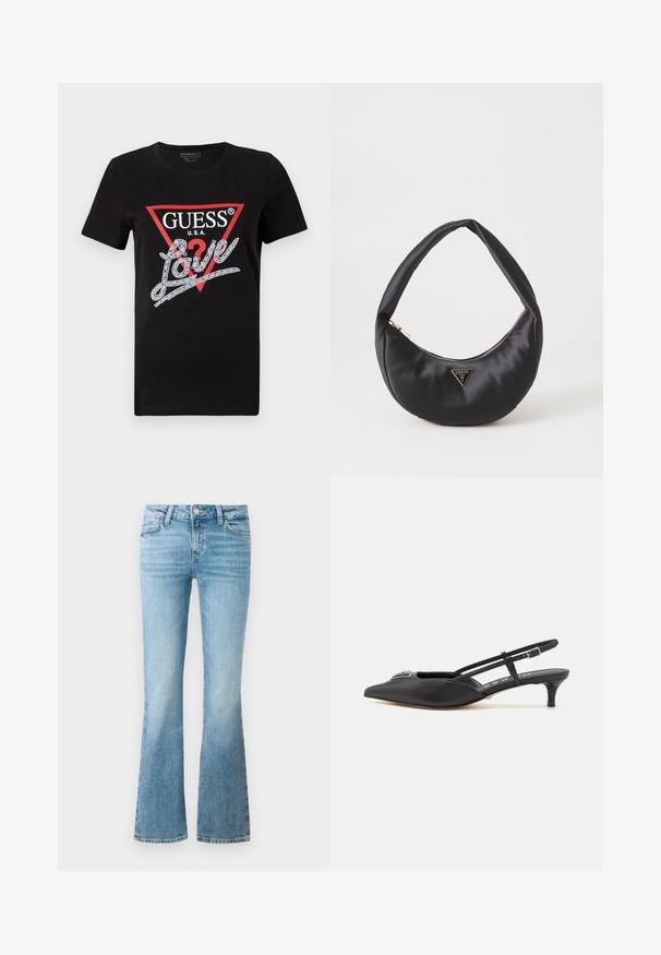 Sort bomulds T-shirt med et rødt trekantet logo og "GUESS U.S.A." samt et krystinsat "Love" tekstdesign i hvid. Korte ærmer.; Lysblå denimflaredragt med frontlommer, bæltesløjfer og knaplukning.; Sorte slingback-sko med spids tå, lavet af glat materiale, med en lille hæl og en dekorativ sølvaccent på vamps.; Sort satin håndtaske med en buet form, der har en lynlåslukning og et trekantet logo i metal på forsiden. Glat tekstur og slankt design.