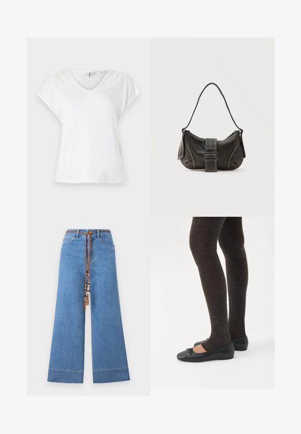 T-shirt blanc à manches courtes avec un décolleté en V et des détails en dentelle sur les épaules, fabriqué en tissu léger, avec une coupe ample.; Jeans en denim large bleu clair avec une taille à cordon tressé marron, ornés de perles décoratives et d'un design traditionnel à cinq poches.; Jambes portant des leggings côtelés foncés associés à des ballerines noires avec de petits détails en nœud sur fond blanc.; Sac à épaule en cuir noir avec une sangle à boucle, des bords arrondis et des coutures blanches contrastées sur un fond uni.