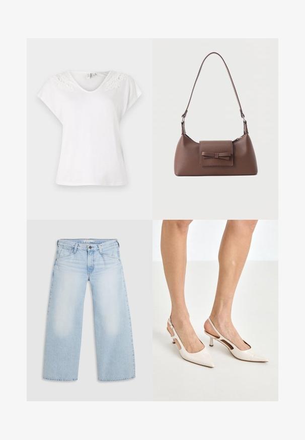 Witte t-shirt met korte mouwen en een v-hals, voorzien van kantdetails op de schouders, gemaakt van lichtgewicht stof en met een losse pasvorm.; Lichtblauwe wijde jeans gemaakt van denim. Kenmerken zijn een rechte snit, een vijfzakkenontwerp en een knoopsluiting aan de taille.; Beige gepatineerde leren slingback hakken met een spitze neus en een hak van 5 cm, met uitsparingen aan de zijkanten en een dunne enkelband.; Bruine leren schoudertas met een voorvak met klep en een gestikte strikdetail en een verstelbare band.