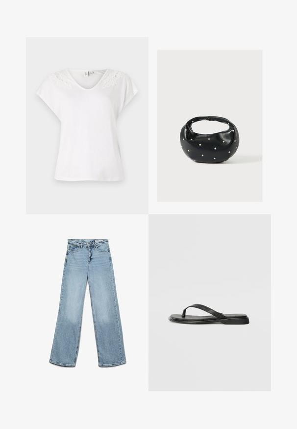 Weißes Kurzarm-T-Shirt mit V-Ausschnitt und Spitzendetails an den Schultern, aus leichtem Stoff gefertigt, mit lockerer Passform.; Hellblaue, hoch taillierte Jeans mit weitem Bein, Knopf- und Reißverschluss, Vorder- und Gesäßtaschen sowie Gürtelschlaufen.; Schwarze Flip-Flops aus glattem Leder, mit einem dünnen Riemendesign und einer flachen Sohle mit minimalem Profil. Keine bemerkenswerten Muster oder Akzente.; Schwarze Lederhandtasche mit abgerundeter Form, verziert mit silbernen Nietenakzenten und kurzem Griff. Glatte Struktur und Reißverschlussverschluss.