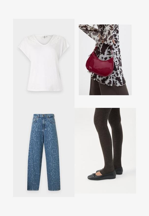 Hvid kortærmet t-shirt med v-hals og blonderdetaljer på skuldrene, lavet af letvægtsstof, med en løs pasform.; Lyseblå, højtaljede jeans med løs pasform. Har en subtil mønstret tekstur og fem-lomme-design med sølvfarvet knaplukning.; Ben iført mørke ribbede leggings kombineret med sorte balletsko med små sløjfedetaljer på hvid baggrund.; Kvinde iført en sort- og hvidmønstret bluse, der holder en blank rød skuldertaske mod en ensfarvet baggrund.
