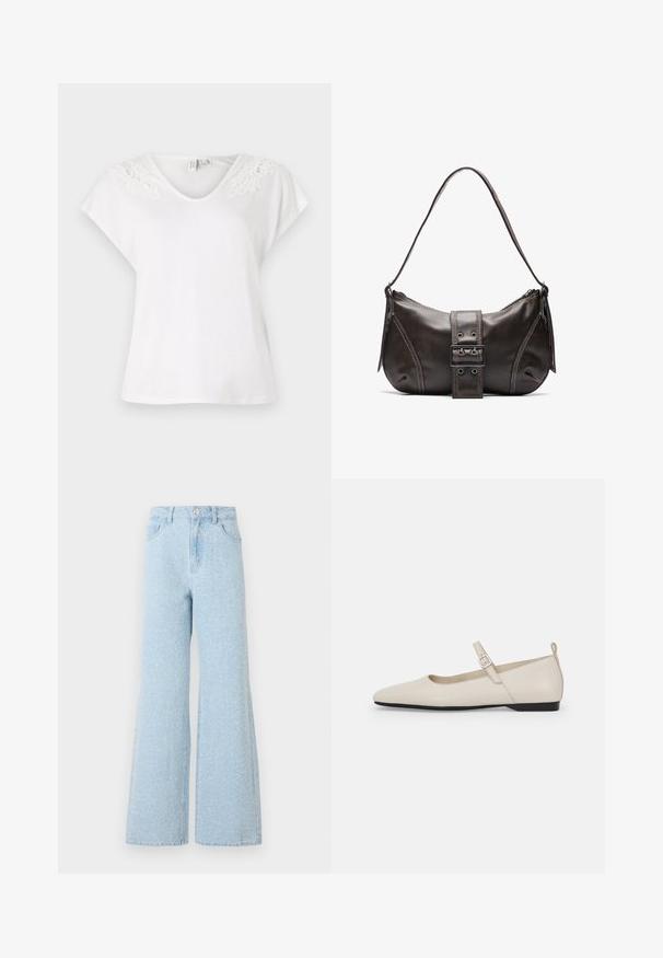 T-shirt blanc à manches courtes avec un décolleté en V et des détails en dentelle sur les épaules, fabriqué en tissu léger, avec une coupe ample.; Jean en denim bleu clair à jambes larges avec une taille haute, dotés d'une fermeture à bouton, de cinq poches et d'une texture légèrement délavée.; Ballerines en cuir blanc avec bout pointu, bride à la cheville et petit talon noir. Texture lisse avec des accents minimaux.; Sac à épaule en cuir marron avec une forme courbée, présentant un détail de boucle proéminent, des coutures contrastantes et une seule bandoulière.