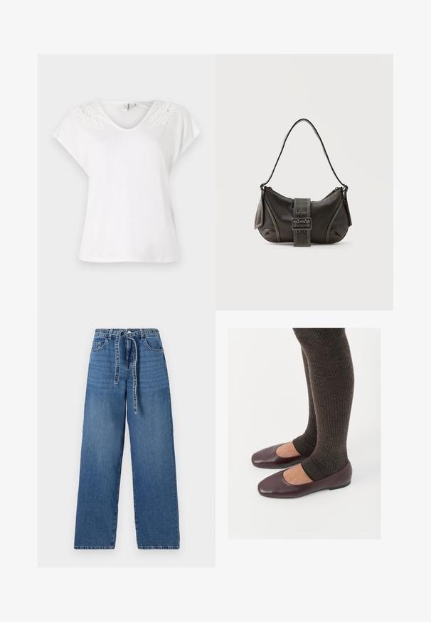 Witte t-shirt met korte mouwen en een v-hals, voorzien van kantdetails op de schouders, gemaakt van lichtgewicht stof en met een losse pasvorm.; Lichtblauwe denim wide-leg jeans met een hoge taille, voorzien van een striksluiting, twee voorzakken en een licht vervaagd patroon.; Bordeaux lakleren ballerina's met een vierkante neus, gecombineerd met donkerbruine geribbelde sokken die tot halverwege de kuit reiken.; Zwarte leren schoudertas met gespsluiting aan de riem, afgeronde hoeken en contrasterende witte stiksels op een effen achtergrond.