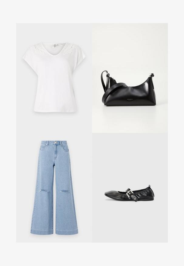Weißes Kurzarm-T-Shirt mit V-Ausschnitt und Spitzendetails an den Schultern, aus leichtem Stoff gefertigt, mit lockerer Passform.; Helle blaue Schlagjeans mit hoher Taille, ausgestattet mit zwei vorderen Taschen und zwei Rissen an den Knien, aus Denim-Material gefertigt.; Schwarze Leder-Ballerinas mit spitzem Zehenbereich, gerafften Details am Schaft und einem silbernen Schnallenakzent am verstellbaren Riemen.; Schwarze lederne Handtasche mit glatter Textur. Verfügt über einen verstellbaren Riemen und ein elegantes, minimalistisches Design mit einem Reißverschluss.
