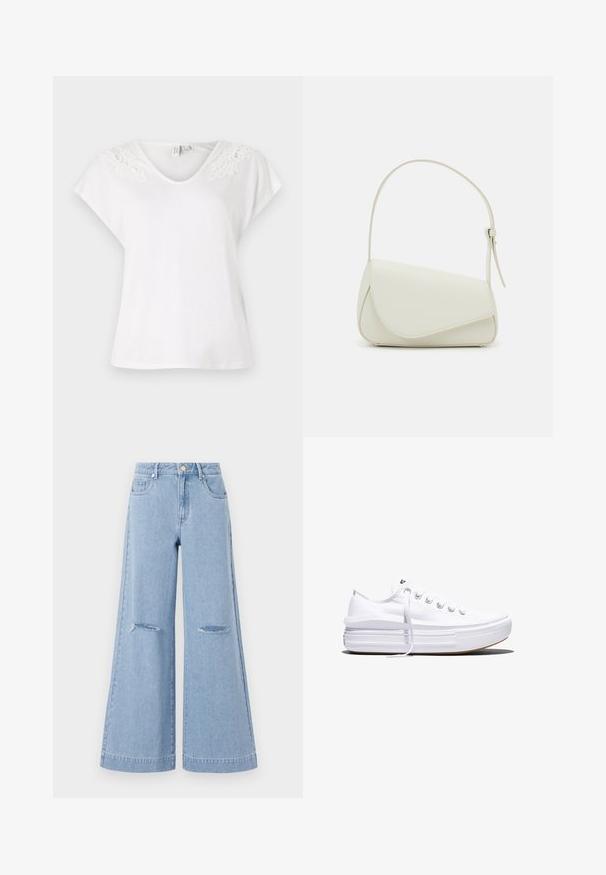 Hvid kortærmet t-shirt med v-hals og blonderdetaljer på skuldrene, lavet af letvægtsstof, med en løs pasform.; Lyseblå bredbenede jeans med høj talje, der har to forlommer og to slidte knædetaljer, fremstillet af denimmateriale.; Hvid lavt snørestøvle med tyk plateau-sål, snørelukning foran og gummiforstærket tåkap, set i sideprofil.; Hvid taske i faux læder med en struktureret trekantet form, enkelt justerbart skulderstrop og en flaplås med kurver.