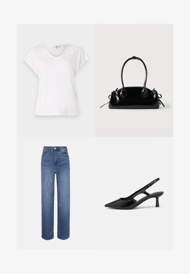 Hvid kortærmet t-shirt med v-hals og blonderdetaljer på skuldrene, lavet af letvægtsstof, med en løs pasform.; Lyseblå denimjeans med højtaljet, lige ben, fem-lomme-design og subtile falmede detaljer i hele stoffet.; Sorte slingback hæle med spidse tæer, lavet af blankt materiale, med udskæringsdetaljer og en moderat hæl for støtte.; Lille sort blank håndtaske med to lange håndtag og snøre-detaljer i siden på en ensfarvet lys baggrund.