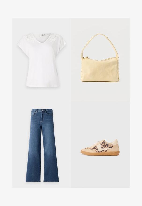 Camiseta blanca de manga corta con escote en forma de V y detalles de encaje en los hombros, hecha de una tela ligera y con un corte holgado.; Pantalones vaqueros de denim azul de pierna ancha con una cinturilla estándar, bolsillos delanteros y una textura suave. Sin patrones visibles ni adornos.; Zapatillas de leopardo con parte superior de ante beige, suela de goma marrón y acentos blancos. Punta redonda y diseño con cordones con un acabado texturado.; Pequeño bolso de cuero beige con una sola correa y tachuelas plateadas a lo largo de los bordes y la correa, sobre un fondo liso.