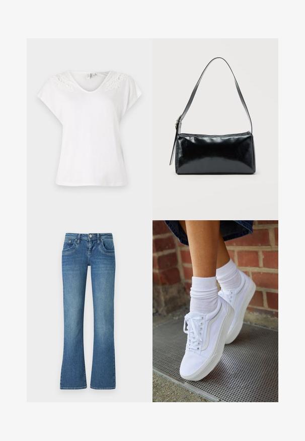 T-shirt blanc à manches courtes avec un décolleté en V et des détails en dentelle sur les épaules, fabriqué en tissu léger, avec une coupe ample.; Jeans flares bleu clair en denim, dotés de cinq poches, de coutures contrastées et d'une fermeture à bouton à la taille.; Baskets en toile blanches avec semelles en caoutchouc, dotées de six œillets, d'un bout rond et de détails de couture légers, portées avec des chaussettes blanches mi-mollet.; Sac d'épaule rectangulaire noir avec une sangle réglable unique et une fermeture éclair supérieure sur un fond uni.