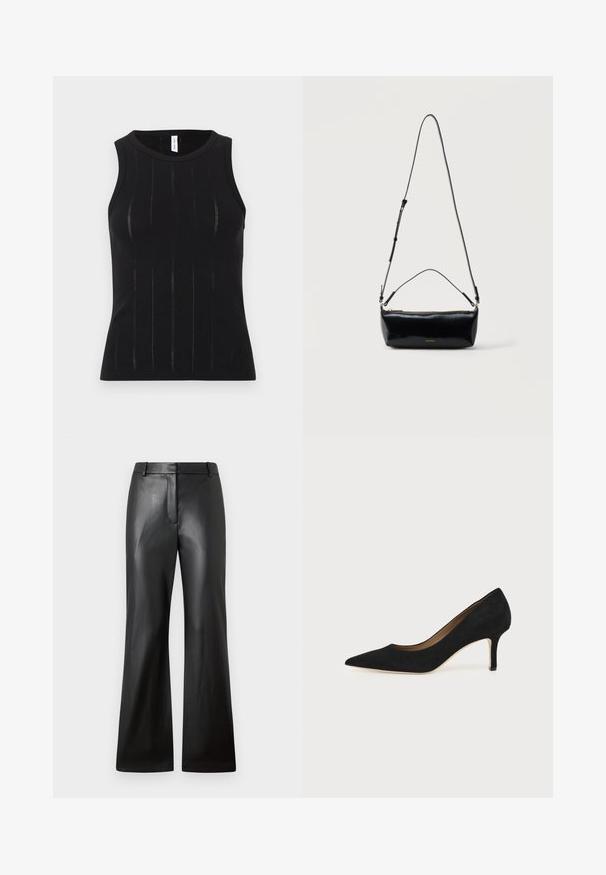 Haut noir sans manches avec une texture côtelée à lignes verticales et des découpes subtiles. Col arrondi et coupe ajustée.; Pantalons en cuir noir avec une texture lisse, design à jambes larges et une taille mi-haute dotée de passants de ceinture et de poches avant.; Escarpin en daim noir à bout pointu avec un talon stiletto fin de hauteur moyenne et un design à coupe basse sur un fond uni.; Sac bandoulière rectangulaire en cuir noir avec bandoulière ajustable, fermeture éclair sur le dessus et petit logo Calvin Klein doré sur le devant.