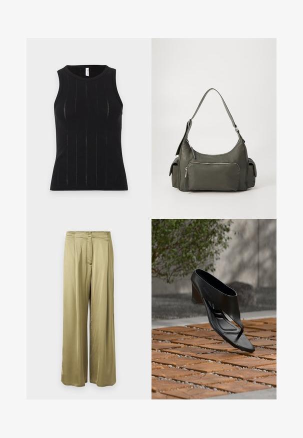 Haut noir sans manches avec une texture côtelée à lignes verticales et des découpes subtiles. Col arrondi et coupe ajustée.; Pantalons amples de couleur vert olive, fabriqués en tissu lisse, avec une fermeture à bouton à l'avant et des détails plissés à la taille.; Sandale noire à talon haut avec une lanière entre les orteils, flottant au-dessus d'une surface extérieure en bois et gravier à motifs, avec un arrière-plan flou de verdure et un mur.; Sac à épaule en cuir vert avec un design arrondi, poche zippée à l'avant et poches supplémentaires sur les côtés. Texture lisse et matériel minimal.