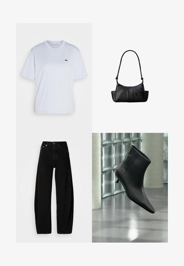 Lacoste T-Shirt basic - phoenix blue; Schwarze Denim-Hosen mit weitem Bein und hoher Taille, ausgestattet mit einer Knopfleiste, fünf Taschen und minimalistischen Nähdetails.; Schwarzer Leder-Stiefelette mit spitzer Zehenpartie und niedrigem Kitten-Heel, schräg dargestellt vor einem polierten Boden und einer Glasbausteinwand.; Schwarze Leder-Schultertasche mit langem Träger, Seitentaschen und eingeprägtem Calvin Klein-Logo auf der Vorderseite.