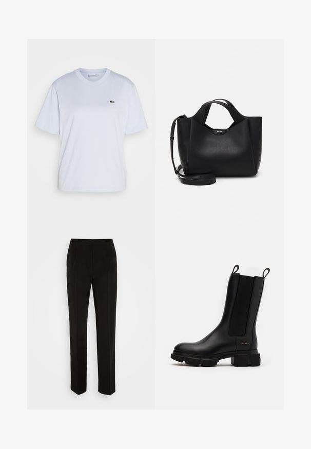 Lacoste T-shirt basic - phoenix blue; Zwarte broek met een getailleerd ontwerp, rechte pijpen, enkele plooien en zakdetails. Gemaakt van een gladde, lichte stof.; Zwarte leren enkellaars met elastische zijpanelen, chunky rubberen zool en trekflappen. Bevat subtiele branding die op de zijkant is geperst.; Zwarte leren handtas met een gestructureerde afwerking, hoekige vorm, dubbele handgrepen en een verstelbare schouderriem. Bevat een accent met het DKNY-logo.