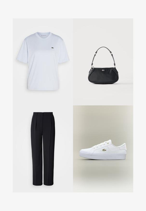 Lacoste T-Shirt basic - phoenix blue; Schwarze, maßgeschneiderte Hose mit geradem Bein, vorderen Falten, Gürtelschlaufen und verdecktem Frontverschluss vor weißem Hintergrund.; Weiße Sneaker im Low-Top-Stil mit dicker Sohle, Schnürverschluss und kleinem goldenen Krokodil-Logo an der Seite.; Schwarze Schultertasche mit verstellbarem Riemen, Reißverschluss und kleinem silbernem Krokodil-Logo vorne in der Mitte.
