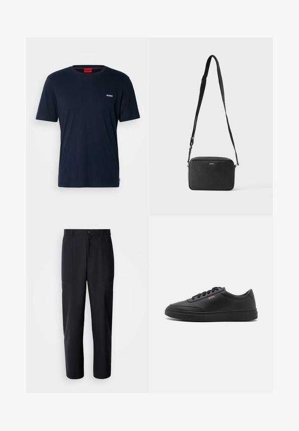 Navyblauwe katoenen t-shirt met korte mouwen, ronde hals en klein wit "HUGO" logo op de linkerborst. Glad textuur, minimalistisch ontwerp.; Donkerblauwe broek van soepel materiaal, met een rechte pijpdesign, twee zijzakken en een knoopsluiting in de taille.; Zwarte leren sneakers met een gladde textuur, ronde neus, platte rubberen zool en tonale veters. Kenmerkt zich door de gouden "BOSS" branding aan de zijkant.; Zwarte rechthoekige crossbodytas met verstelbare band en BOSS-logo aan de voorkant, tegen een effen lichte achtergrond.