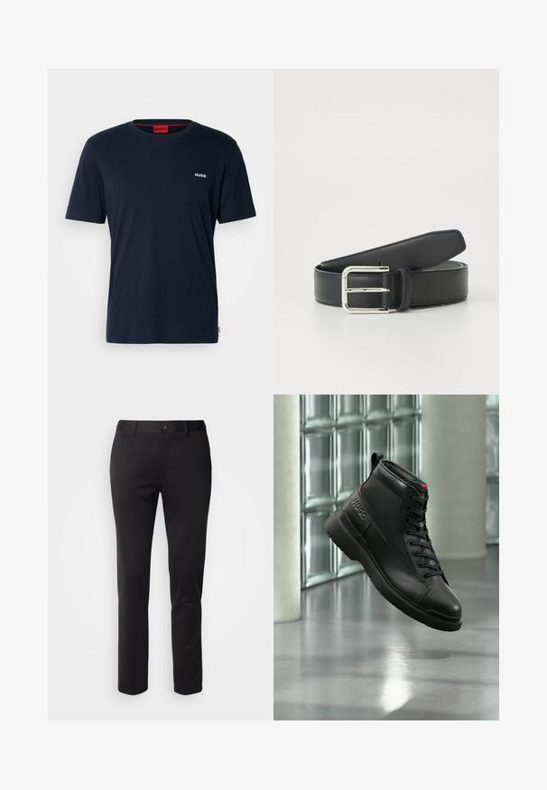 Marineblaue Baumwoll-T-Shirt mit kurzen Ärmeln, Rundhalsausschnitt und kleinem weißen "HUGO"-Logo auf der linken Brust. Glatte Textur, minimalistisches Design.; Schwarze Hose aus glattem Stoff mit geradem Bein, Frontknopfverschluss und Gürtelschlaufen, auf einem weißen Hintergrund dargestellt.; Schwarzer High-Top-Sneaker mit strukturierter Sohle und „HUGO“-Logo an der Seite, vor einem modernen Glasbausteinwand-Hintergrund präsentiert.; Ledergürtel in Dunkelblau mit glatter Oberfläche, ausgestattet mit einer silbernen Metallschnalle und Löchern zur Verstellung. Minimalistisches Design mit klaren Kanten.