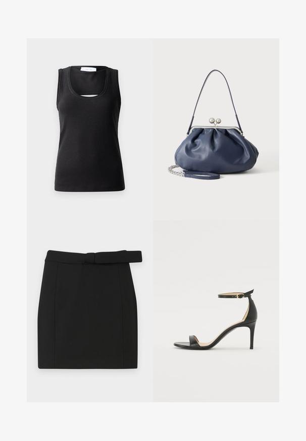 Schwarzes ärmelloses Tanktop aus geripptem Stoff, mit einem runden Ausschnitt und einem kleinen Ausschnitt an der Front für zusätzlichen Designakzent.; Schwarzer Minirock aus glattem Stoff, mit einem Gürtel an der Taille, geradem Schnitt und sauberen Nähten ohne zusätzliche Muster oder Verzierungen.; Schwarze Leder-high-heeled Sandale mit Knöchelriemen. Verfügt über eine glatte Textur, offene Zehen und einen dünnen Absatz. Goldfarbener Schnallenakzent.; Weiche navyblaue Ledertasche mit silberner Verschlussklammer, einem einzelnen Schulterriemen und abnehmbarem Ketten-Handgelenksriemen auf weißem Hintergrund.