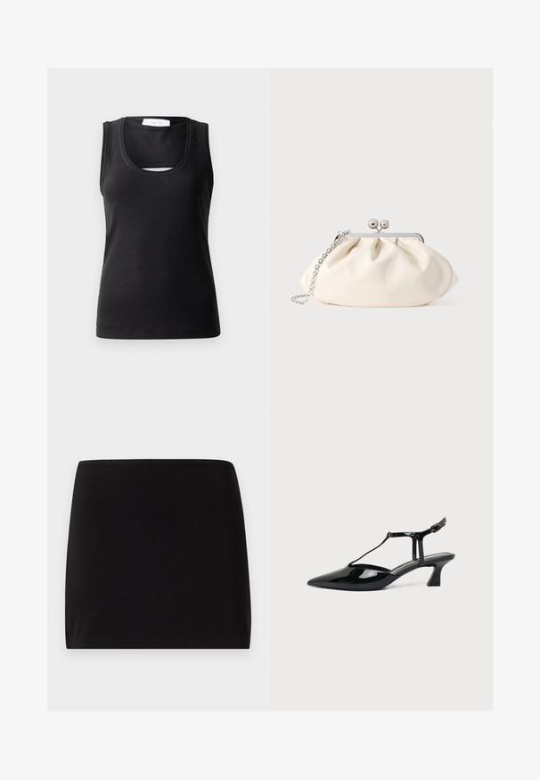Débardeur sans manches noir en tissu côtelé, avec une encolure dégagée et un petit détail découpé à l'avant pour un design supplémentaire.; Mini-jupe noire, unie, coupée droite, sans motifs, coutures ni ornements visibles, sur un fond neutre.; Chaussure slingback en cuir verni noir à bout pointu avec bride en T et petit talon bloc incliné sur fond blanc.; Pochette en tissu crème avec un design froncé, cadre en métal argenté, deux boules décoratives, et une bandoulière chaîne argentée.
