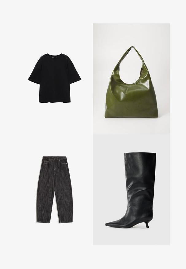 T-shirt noir oversize à manches courtes avec encolure ronde, coupe ample et épaules tombantes sur fond blanc.; Jean en denim noir avec coupe large, design cinq poches, surpiqûres blanches visibles et fermeture à bouton à la taille.; Bottes en cuir noires jusqu'aux genoux avec un bout pointu et un petit talon, présentées sur un fond clair.; Sac hobo en cuir vert au design décontracté, avec une poignée incurvée et une texture lisse. Ne contient aucun matériel ou accent visible.